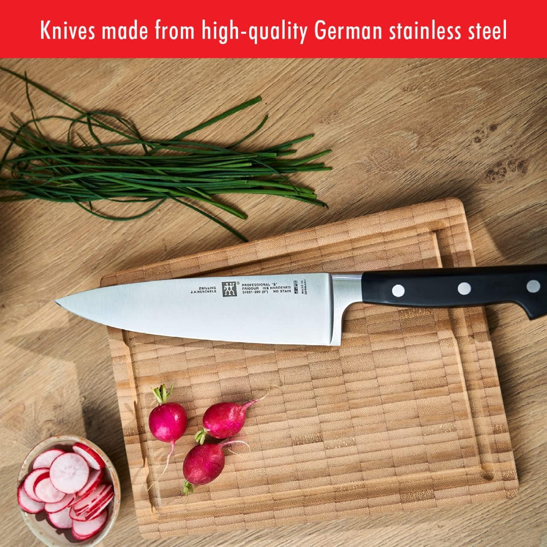 Knife forged from a single piece of high-quality stainless steel for durability and balance.