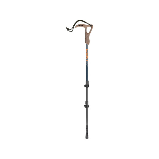 Full view of LEKI Wanderfreund High Fives hiking pole with cork grip and adjustable aluminum shaft, ideal for trekking and outdoor walking support.