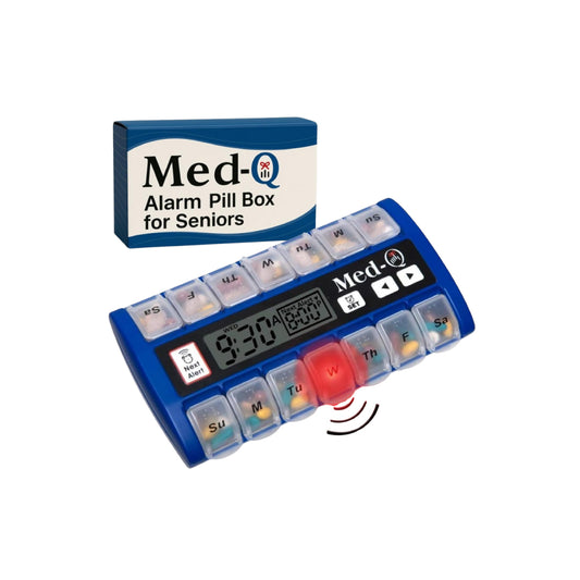 Front view of Med-Q Alarm Pill Box for seniors in blue, featuring digital display, flashing LED reminder, and labeled compartments for daily medication organization.