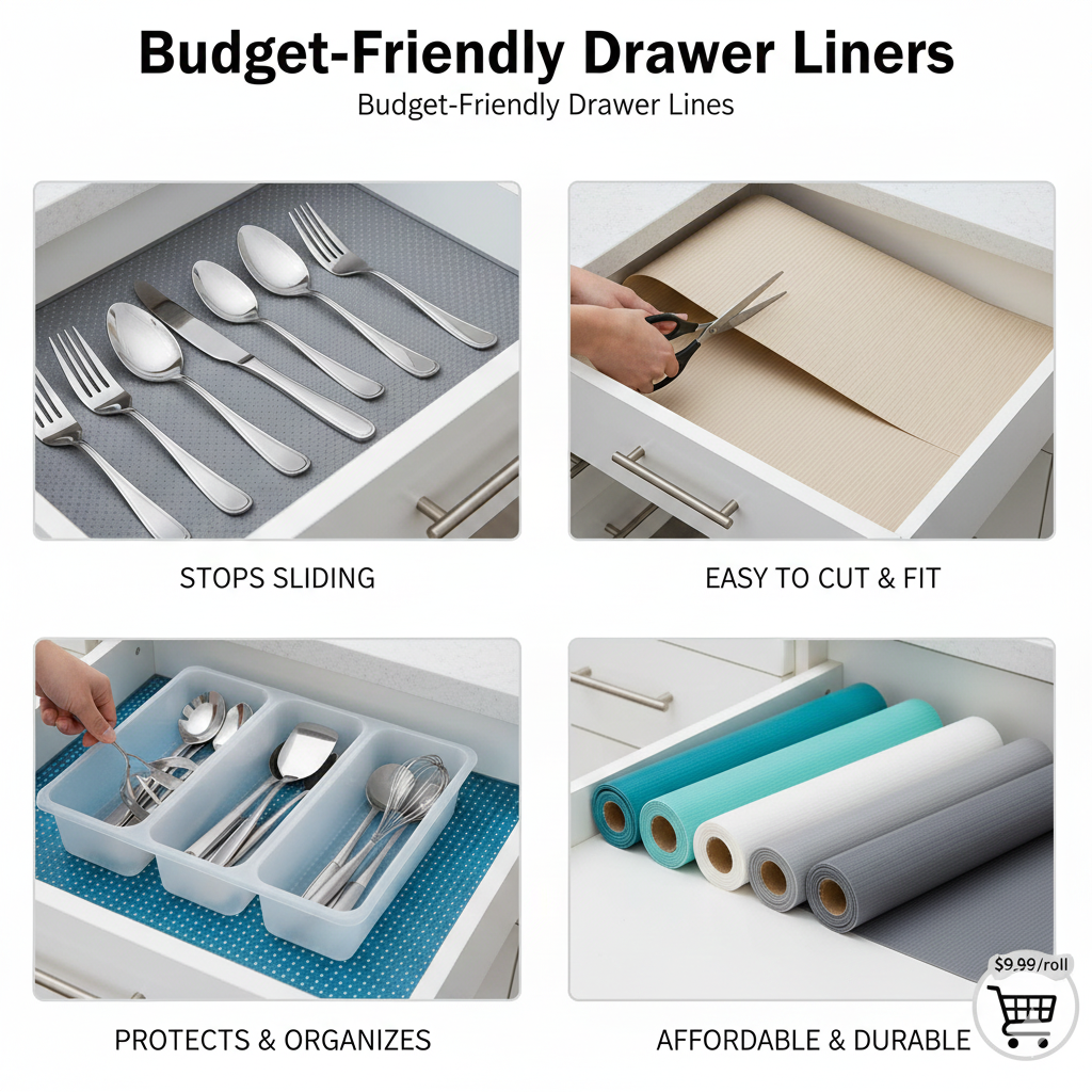 A roll of gray ribbed non-slip drawer liner being cut to size to fit inside a kitchen drawer with organized utensils.
