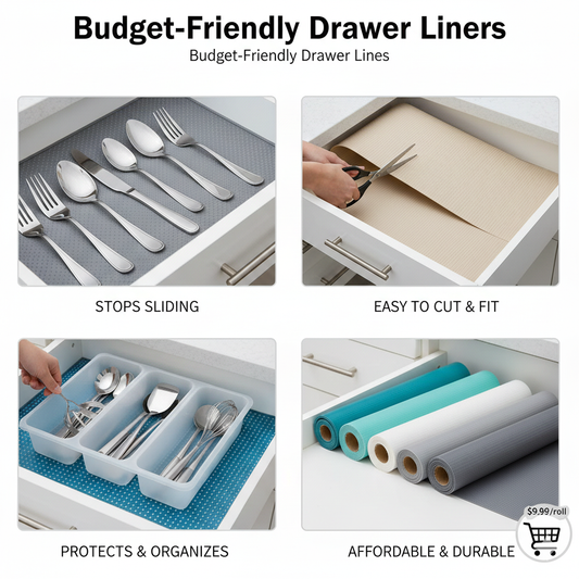 A roll of gray ribbed non-slip drawer liner being cut to size to fit inside a kitchen drawer with organized utensils.