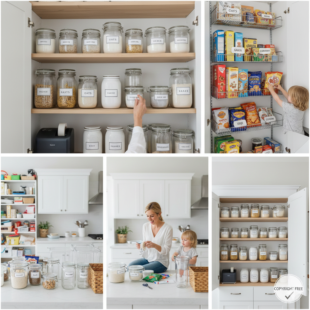 A collection of modern glass pantry jars with minimalist white custom labels identifying flour, sugar, and pasta on a wooden shelf.