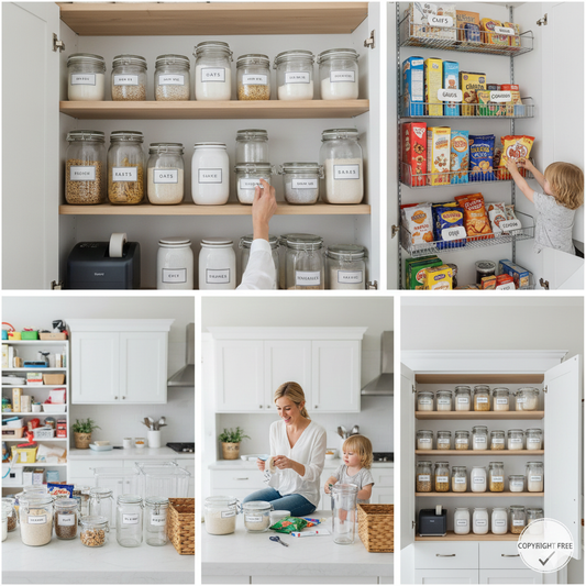 A collection of modern glass pantry jars with minimalist white custom labels identifying flour, sugar, and pasta on a wooden shelf.