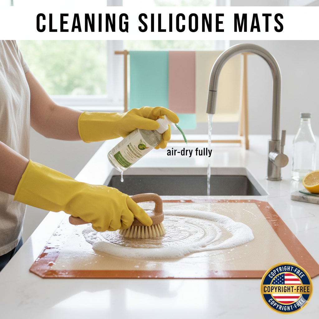 A person wearing yellow gloves using a soft brush and natural soap to clean a silicone baking mat on a white kitchen counter.
