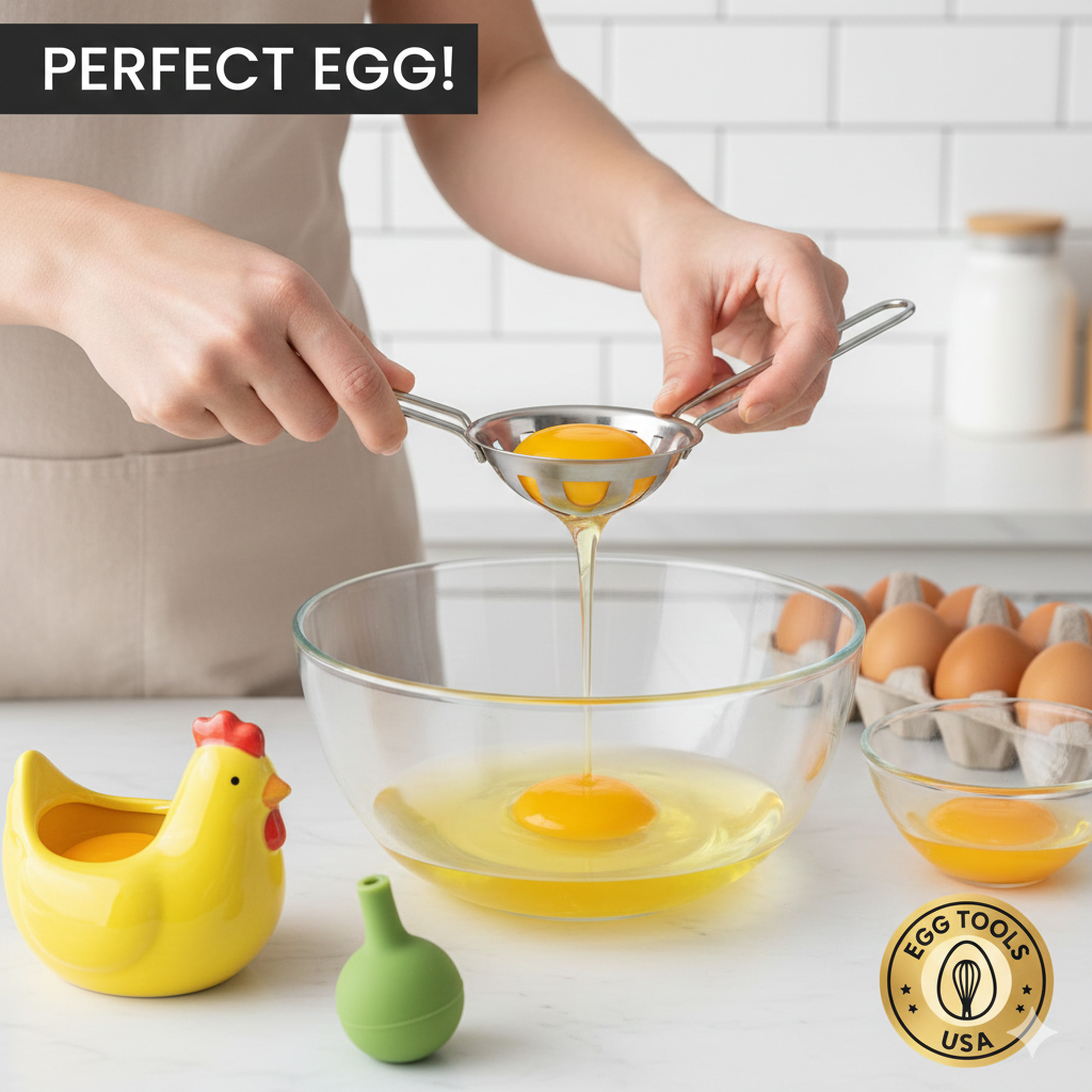 A stainless steel strainer-style egg separator being used to cleanly divide a bright yellow yolk from the clear egg white over a glass mixing bowl.