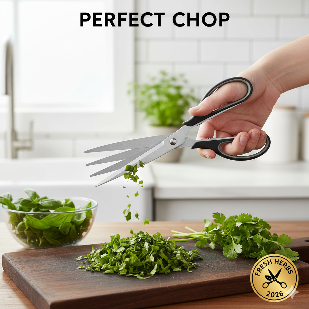 Close-up of a person using multi-blade stainless steel herb scissors to perfectly chop fresh cilantro and basil over a wooden board.