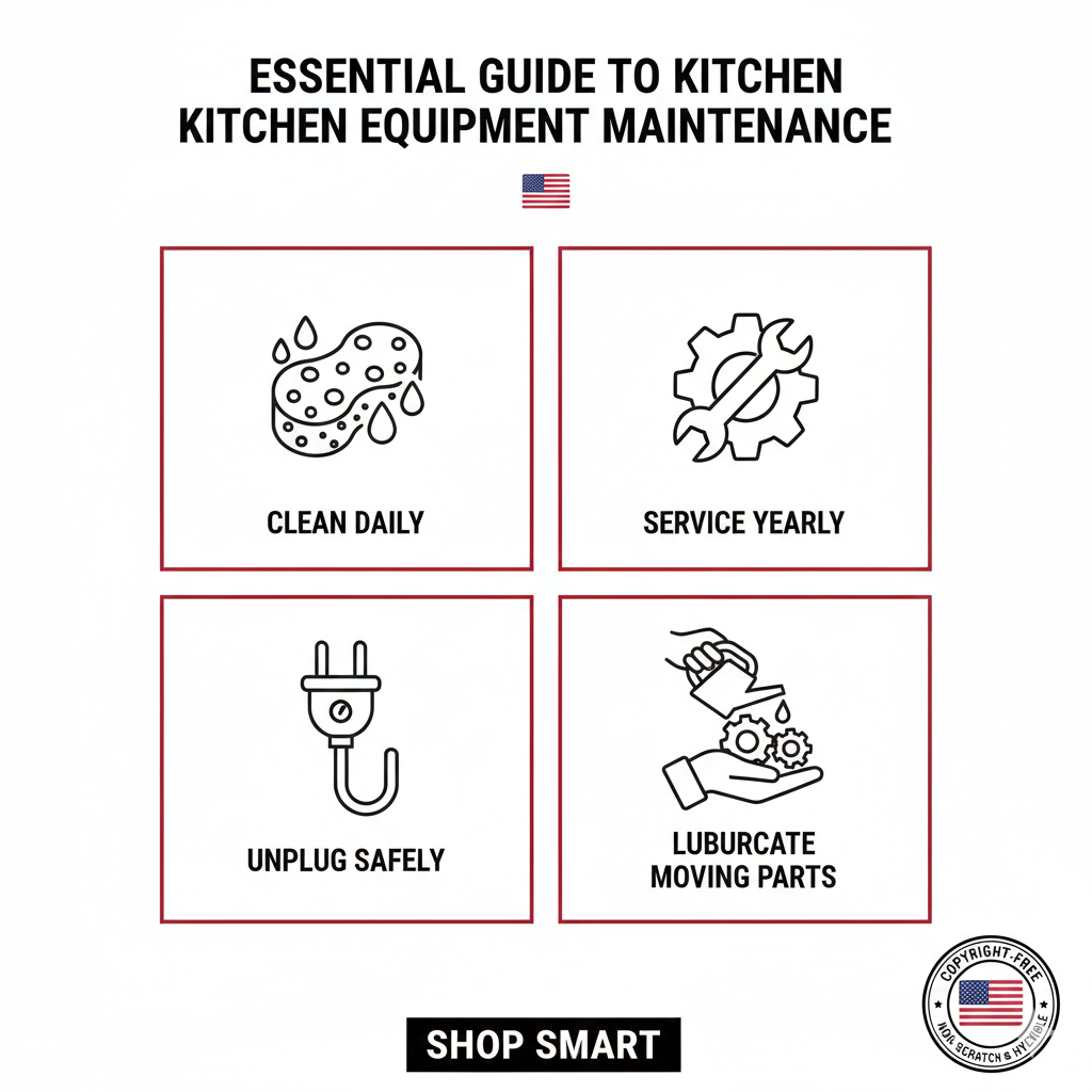 A scannable maintenance guide for kitchen equipment featuring icons for cleaning, servicing, and safe storage tips.
