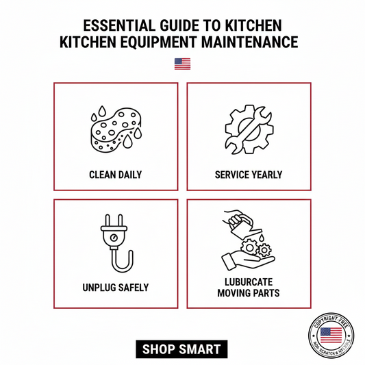 A scannable maintenance guide for kitchen equipment featuring icons for cleaning, servicing, and safe storage tips.