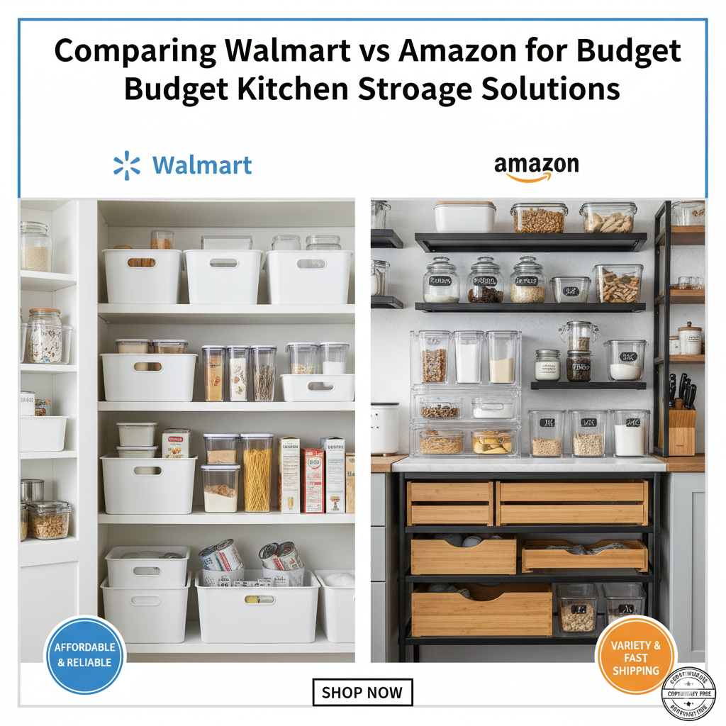 A split-screen comparison showing a white-labeled Walmart pantry bin next to a clear Amazon Basics airtight food container set.