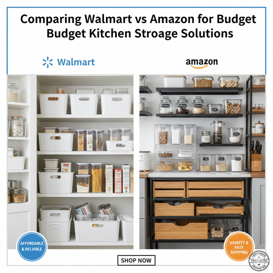 A split-screen comparison showing a white-labeled Walmart pantry bin next to a clear Amazon Basics airtight food container set.