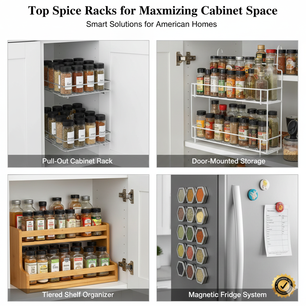 A tiered bamboo spice rack inside a kitchen cabinet, displaying various clear spice jars with organized labels for easy visibility.