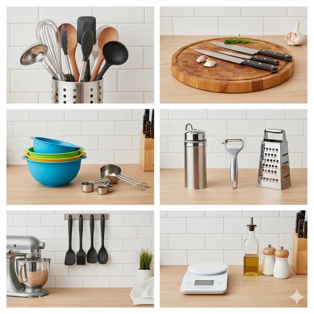 A collage showcasing essential kitchen utensils including a whisk, spatulas, chef knives on a wooden board, measuring cups, a grater, and a digital kitchen scale.