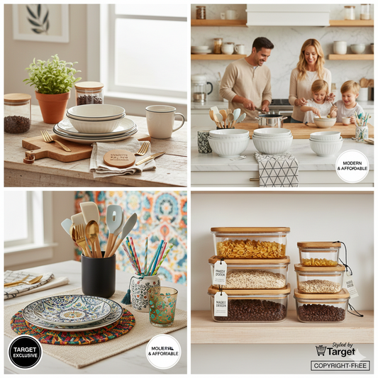 A collage showing Target kitchen decor: Threshold's minimalist white ceramic bowls and Opalhouse's vibrant, patterned dinnerware on a modern marble countertop.