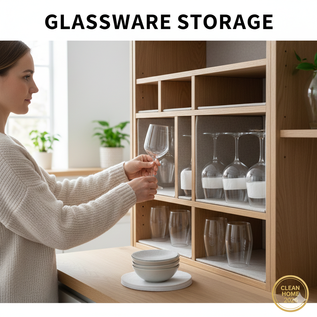 A woman carefully organizing wine glasses and tumblers in a wooden kitchen cabinet with shelf liners to prevent breakage.
