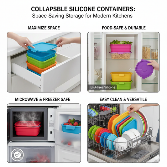 A set of colorful round and rectangular collapsible silicone food storage containers, shown both expanded and folded flat on a kitchen counter.