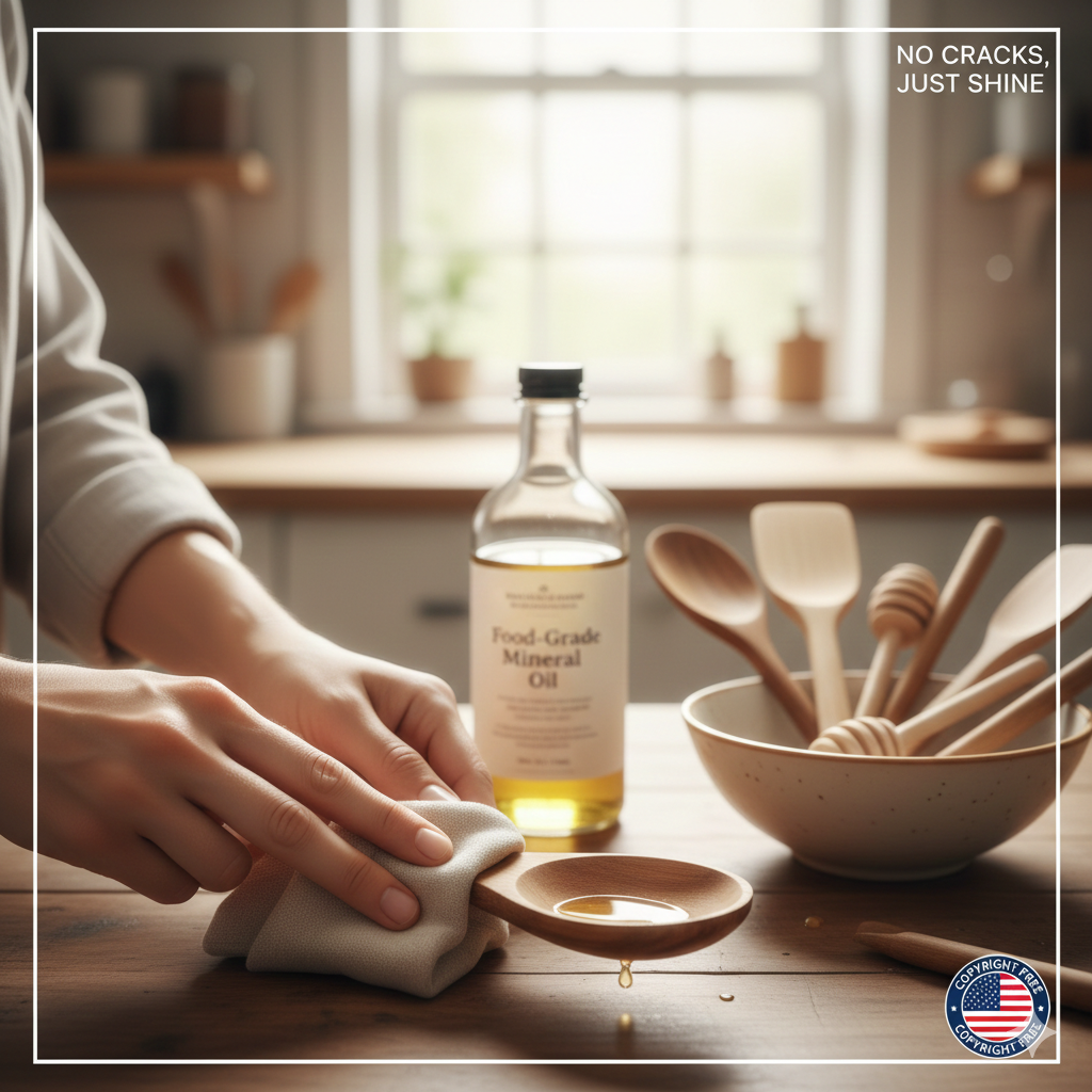 A person applying food-grade mineral oil to a wooden spoon to prevent cracking and restore its natural shine.