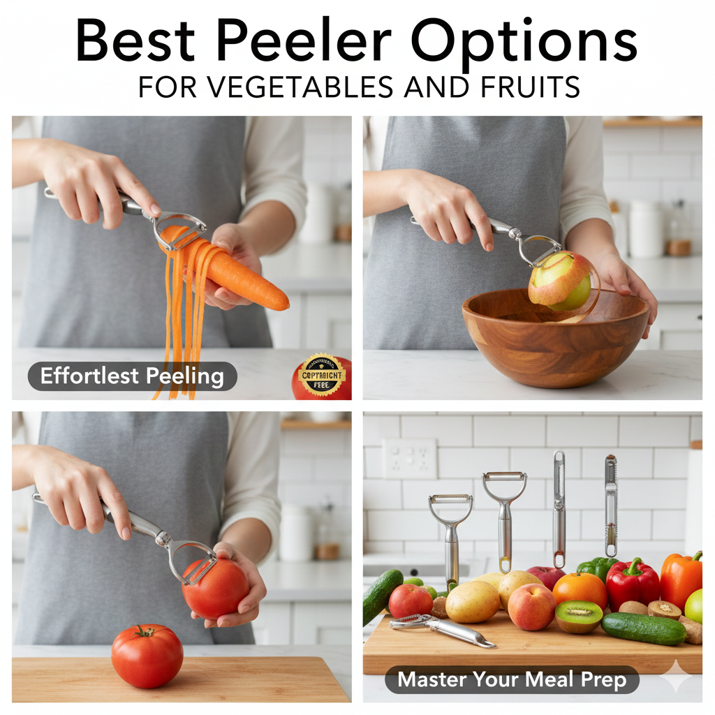 A stainless steel swivel peeler removing a thin, continuous skin from a fresh carrot on a wooden cutting board.