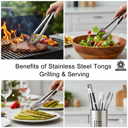 A pair of long-handled stainless steel grill tongs flipping a juicy steak on a hot backyard barbecue grill with visible grill marks.