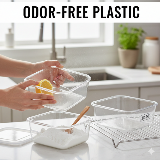 Clear plastic storage containers on a kitchen counter being treated with baking soda and lemon to remove stubborn food odors.