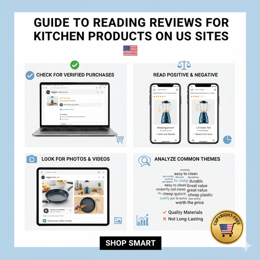 An infographic explaining how to read kitchen product reviews on US websites, highlighting verified purchase badges, photo reviews, and star ratings.