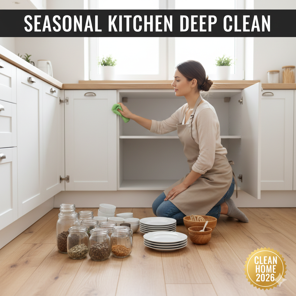 A woman deep cleaning an open kitchen cabinet and drawer using a microfiber cloth to remove dust and crumbs.