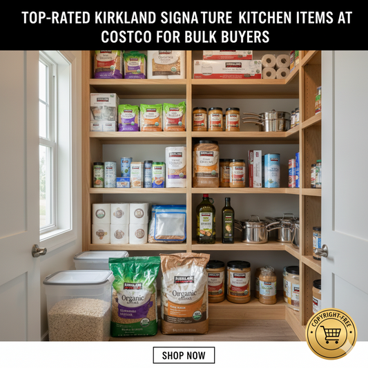 A wide-angle shot of a home pantry stocked with bulk Kirkland Signature items, including a 2-liter olive oil bottle, maple syrup, and large boxes of trash bags.