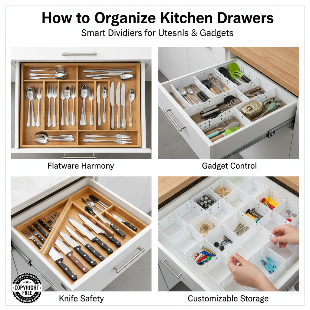A top-down view of an organized kitchen drawer with bamboo dividers separating stainless steel cutlery and wooden cooking utensils.