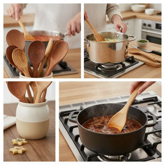 A collage of wooden spoons being used to stir sauces and soups in stainless steel and non-stick pots, highlighting scratch-free cooking.