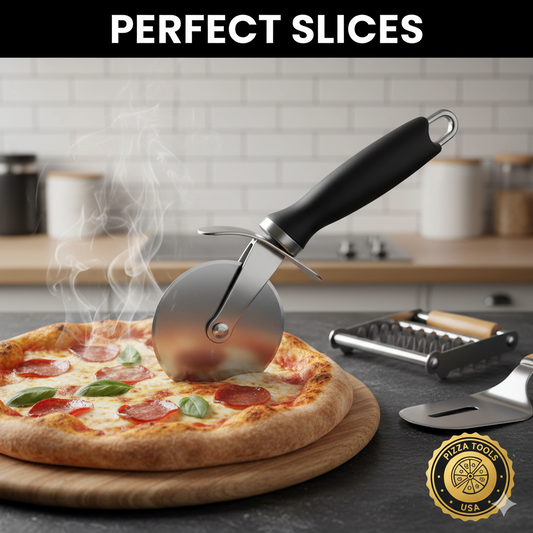 A sharp stainless steel pizza wheel cutter slicing through a steaming hot pepperoni pizza on a wooden serving board.