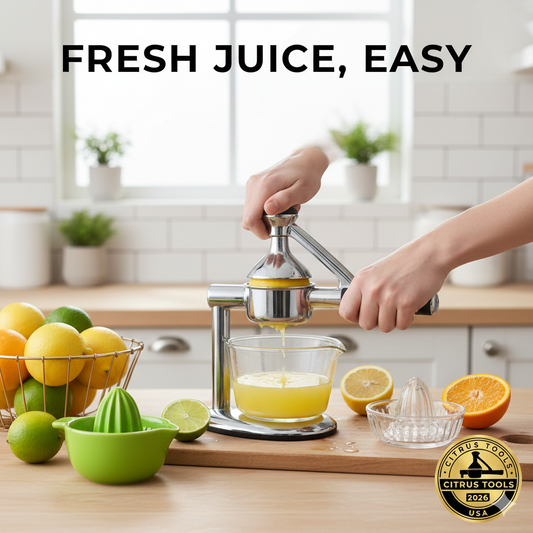 A heavy-duty chrome manual citrus press squeezing a fresh orange into a glass pitcher, surrounded by lemons and limes on a wooden board.