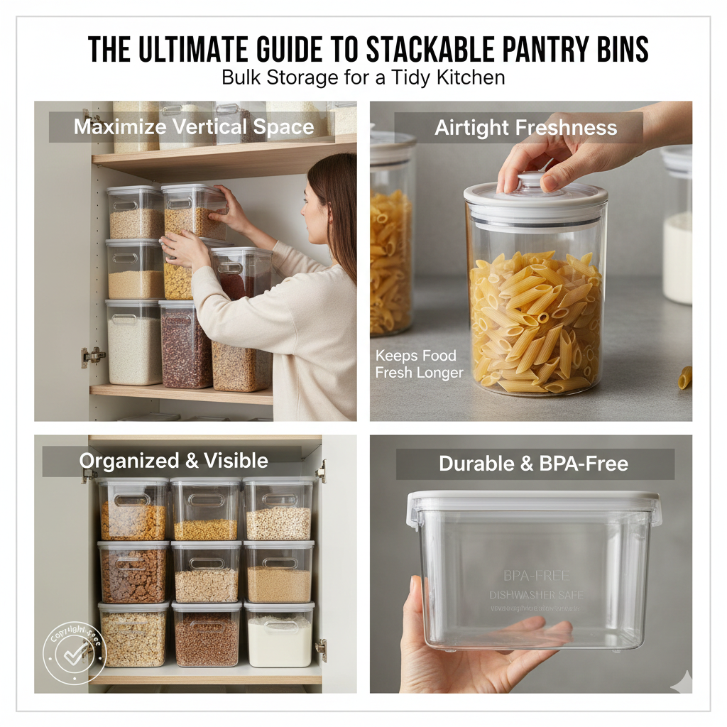 Clear, stackable airtight pantry bins filled with different types of pasta and white rice, neatly arranged on a wooden kitchen shelf.