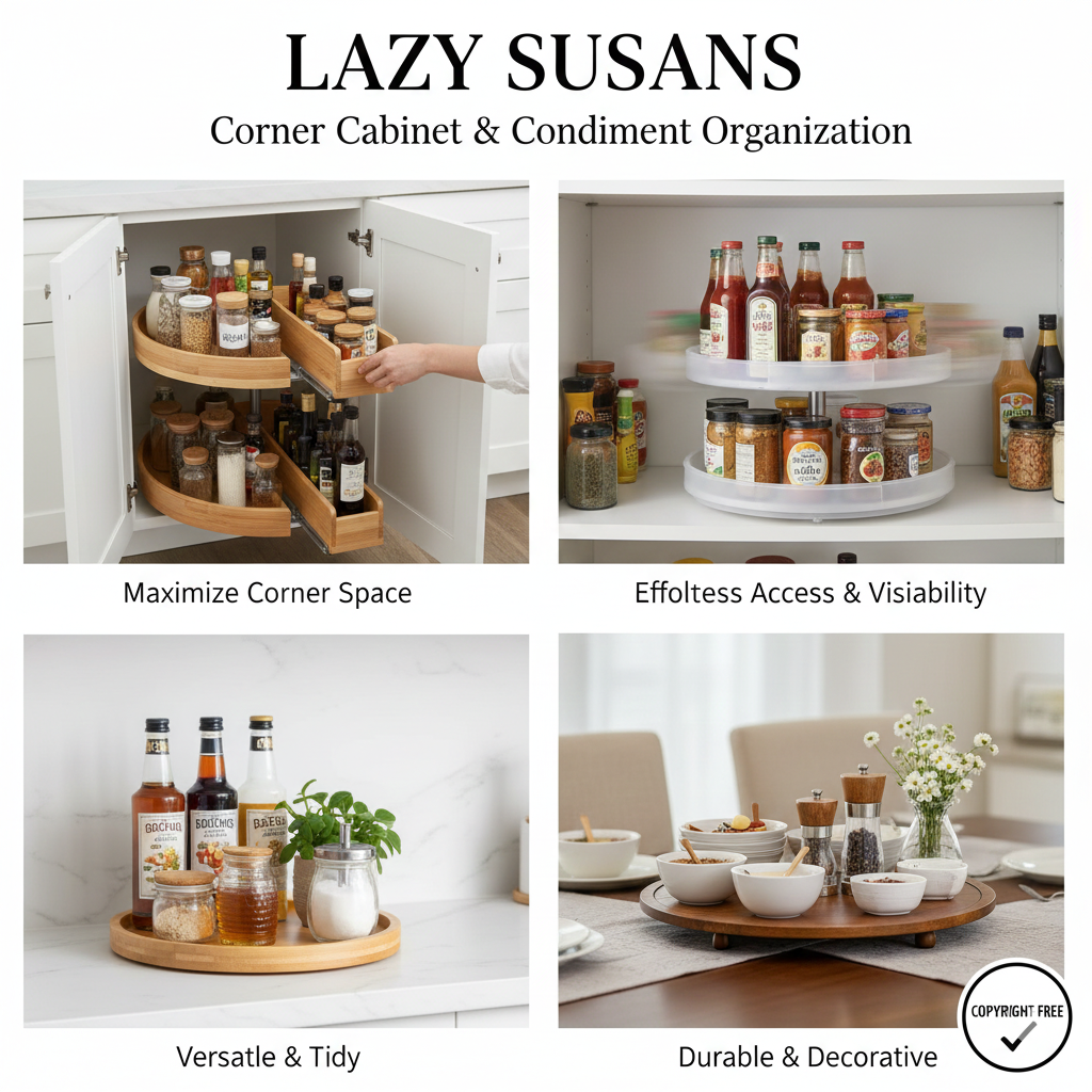 A two-tier wooden lazy susan rotating inside a corner kitchen cabinet, neatly holding various cooking oils, vinegars, and condiment bottles.