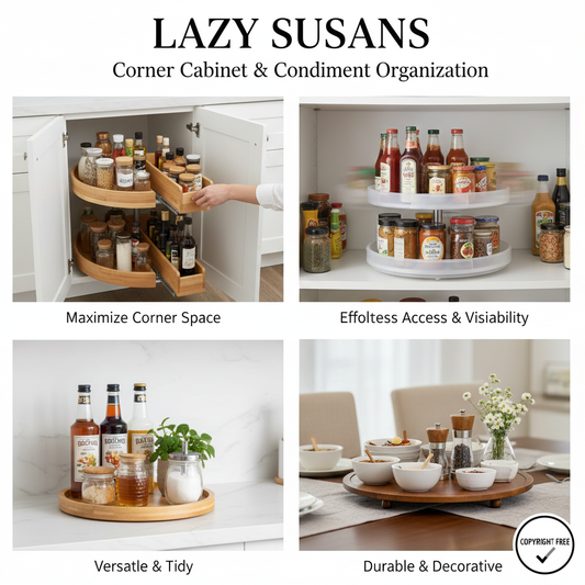 A two-tier wooden lazy susan rotating inside a corner kitchen cabinet, neatly holding various cooking oils, vinegars, and condiment bottles.