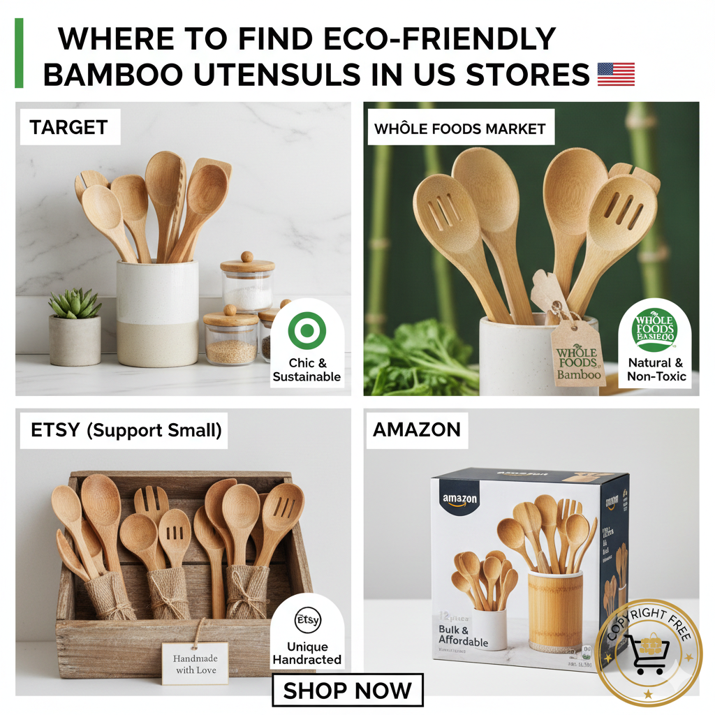 A visual guide showing bamboo utensil sets available at Target, Whole Foods, and IKEA, highlighting eco-friendly and non-toxic features.
