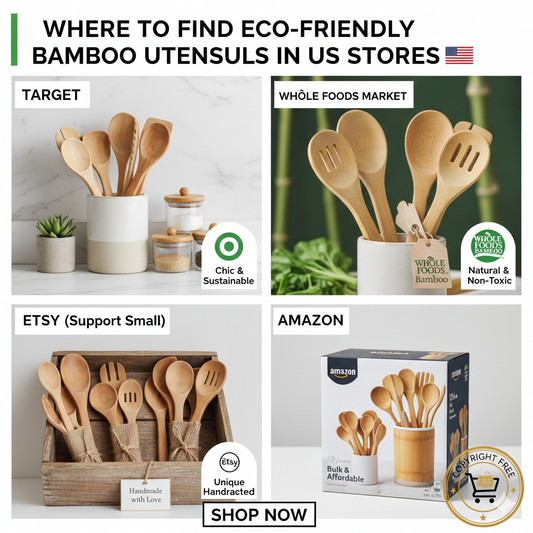 A visual guide showing bamboo utensil sets available at Target, Whole Foods, and IKEA, highlighting eco-friendly and non-toxic features.