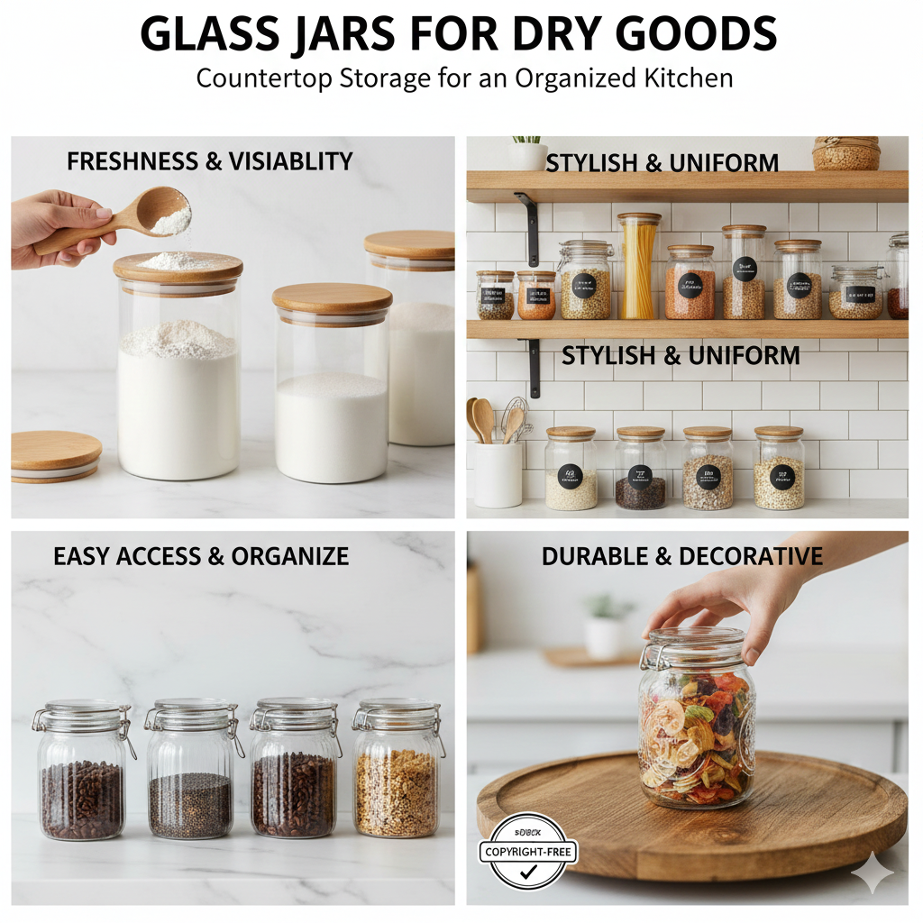 Three elegant glass storage jars with airtight bamboo lids holding flour, sugar, and pasta on a clean white kitchen countertop.
