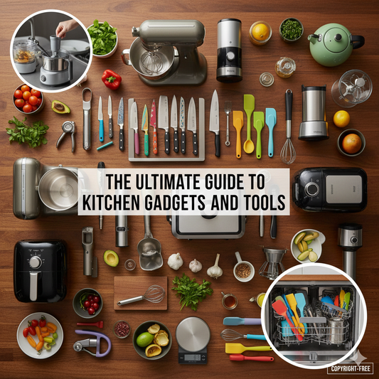 A top-down professional shot of a modern kitchen counter featuring an air fryer, stand mixer, digital scale, and various ergonomic prep tools.