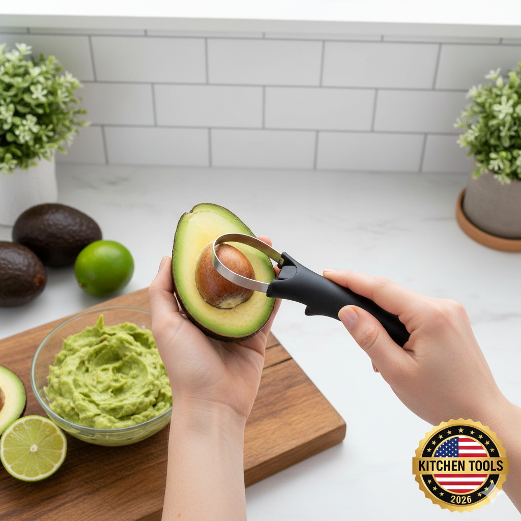 A person using a 3-in-1 avocado tool to safely twist and remove the pit from a ripe avocado on a wooden cutting board.