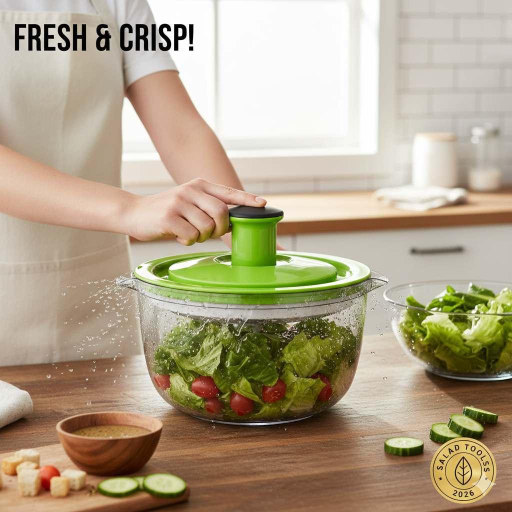 A vibrant green salad spinner in action on a wooden kitchen counter, with water droplets flying out as it dries fresh romaine lettuce.
