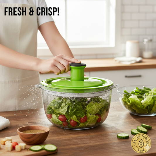 A vibrant green salad spinner in action on a wooden kitchen counter, with water droplets flying out as it dries fresh romaine lettuce.
