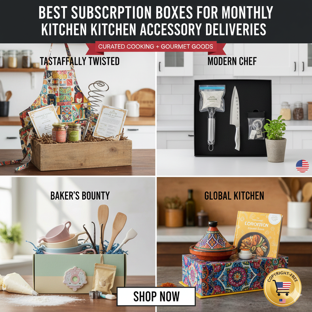 A collage showcasing various kitchen accessory subscription boxes, each with a unique theme such as baking tools, gourmet ingredients, and chef's essentials.