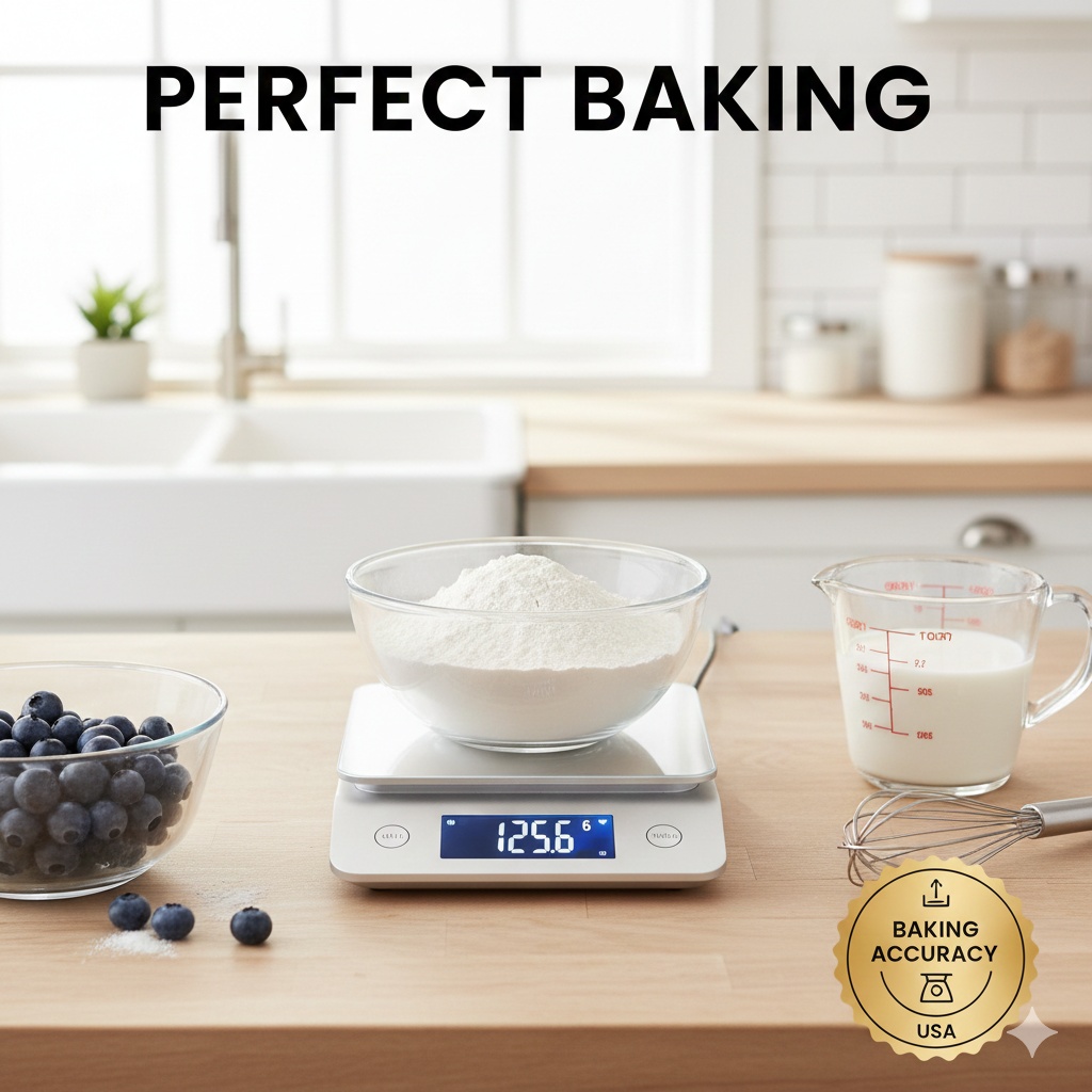 A sleek stainless steel digital kitchen scale displaying an accurate gram measurement of white flour in a clear glass bowl.