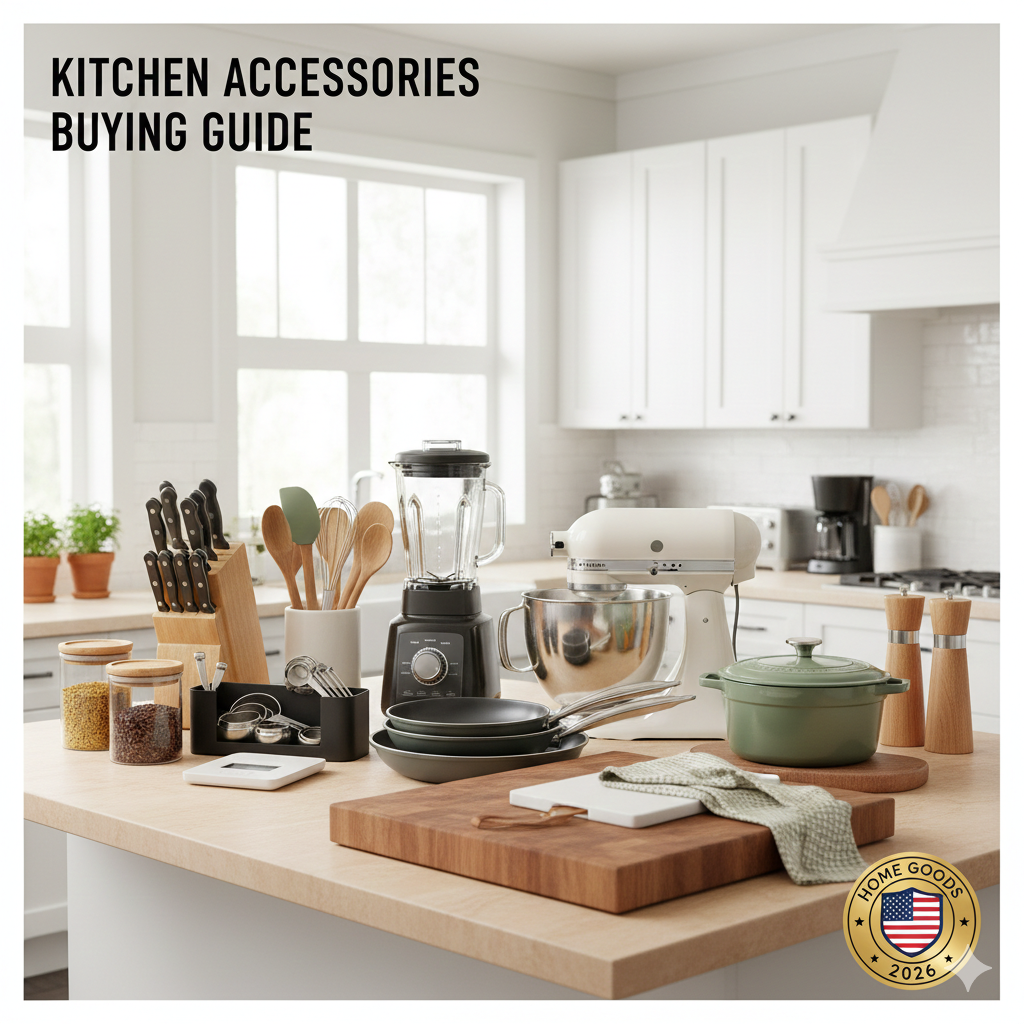 A variety of modern kitchen accessories, including a stand mixer, blender, and stainless steel pans, displayed on a clean countertop.