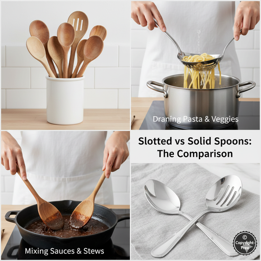 A stainless steel slotted spoon and a solid serving spoon placed side-by-side on a kitchen counter.