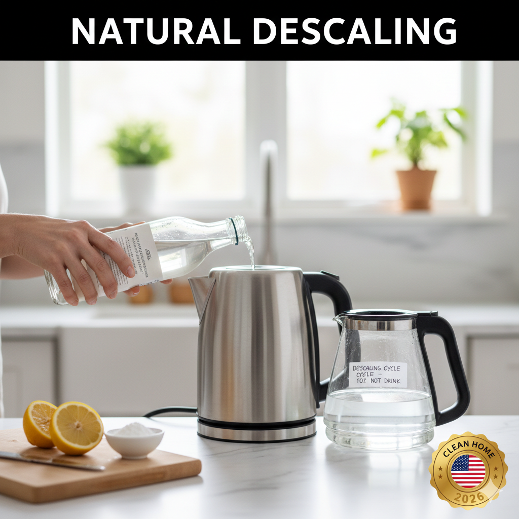 A person pouring white vinegar into a stainless steel electric kettle to remove mineral buildup and limescale naturally.