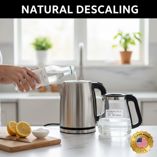 A person pouring white vinegar into a stainless steel electric kettle to remove mineral buildup and limescale naturally.