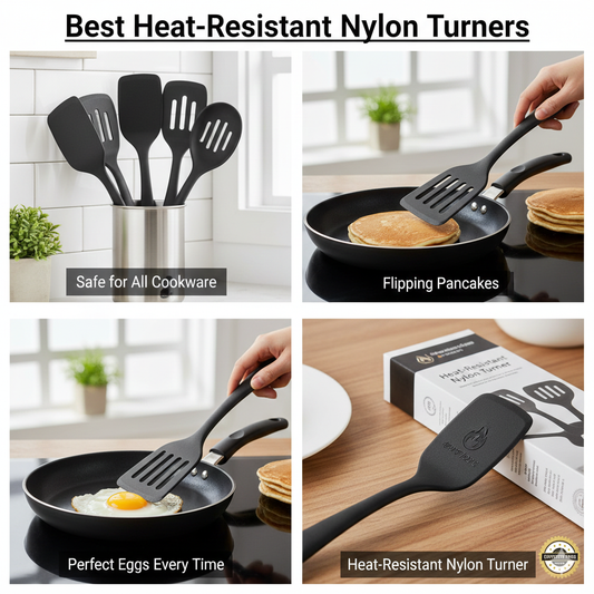 A wide black nylon pancake turner sliding under a golden-brown pancake in a non-stick frying pan.