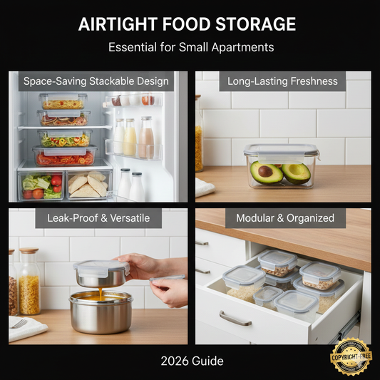 A stack of clear, rectangular airtight food storage containers with locking lids, neatly organized inside a compact refrigerator.