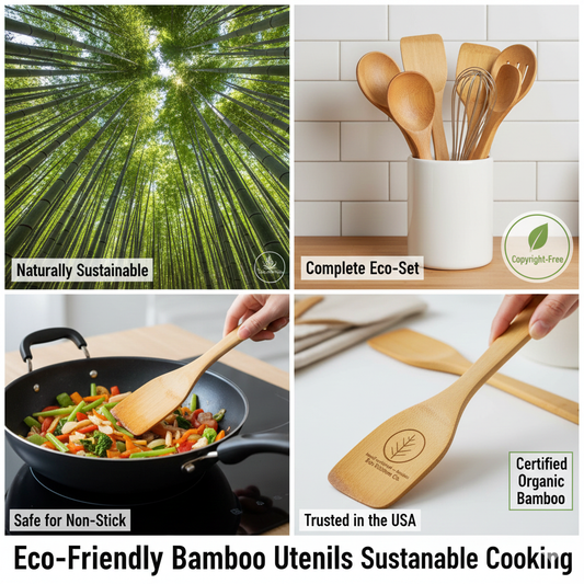A set of organic, one-piece bamboo kitchen utensils including a spatula and spoons, displayed on a clean wooden countertop with a green plant.