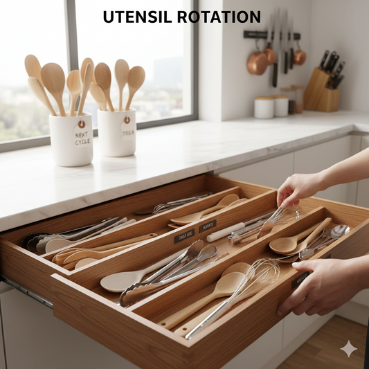 An organized wooden kitchen drawer with dividers showing a variety of utensils neatly separated to prevent scratches and wear.